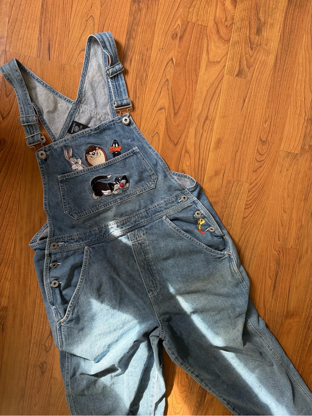 VTG 90s Looney Tunes Denim Overalls with Character Patches “That’s All Folks”
